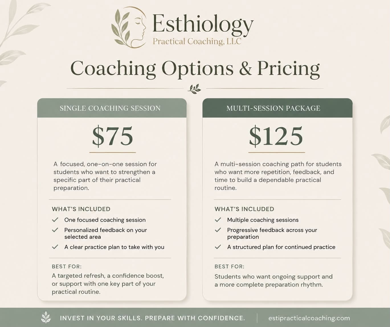 Coaching Options and Pricing — Single Coaching Session $75 and Multi-Session Package $125